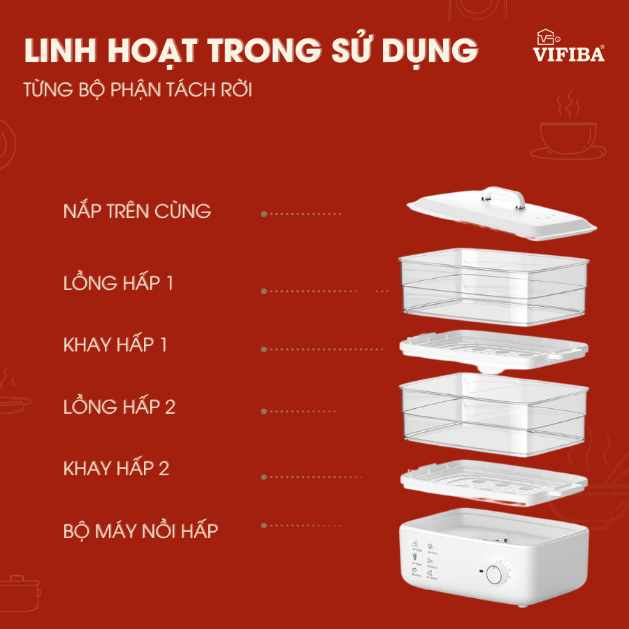 Nồi hấp điện 2 tầng VIFIBA, nồi hấp đa năng, nồi hấp 2 tầng công suất 800W, nồi hấp điện, hấp gà, hấp cá, hấp rau củ