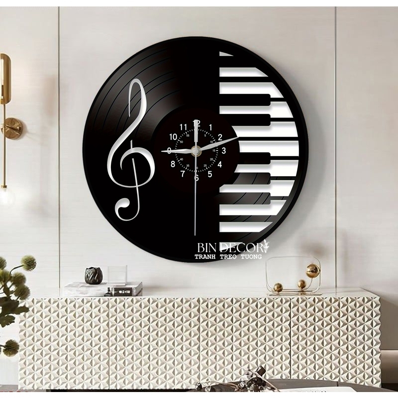 (HCM) Tranh đồng hồ tròn hoạ tiết âm nhạc tarng trí lớp học nhạc, phòng thu âm Binbin 1 kèm đinh treo