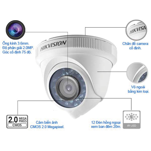 Camera HD-TVI Dome hồng ngoại 2CE56D0T 2.0 Megapixel HIKVISION - Hàng chính hãng