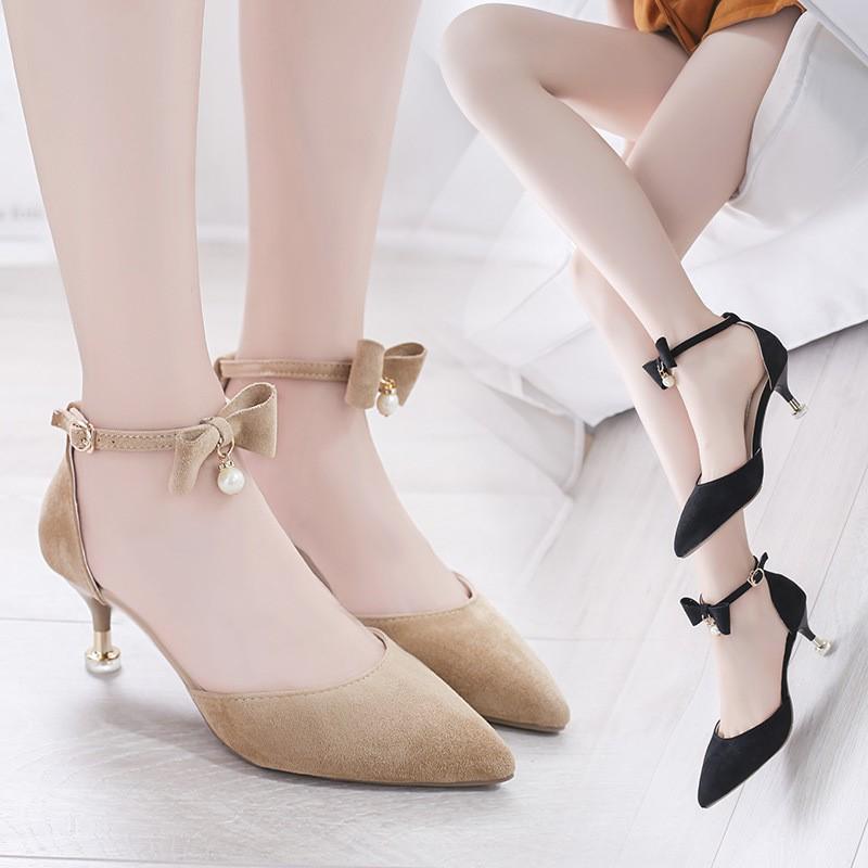 Giày cao gót 7 phân nhọn bít mũi nơ 1 hạt 7 phân