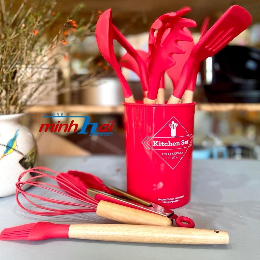 COMBO 12 món Giống hình, Bộ dụng cụ làm bánh CHỊU NHIỆT SILICCON CÁN GỖ CAO CẤP. Phơi, gấp, xẻng, vá, sạn