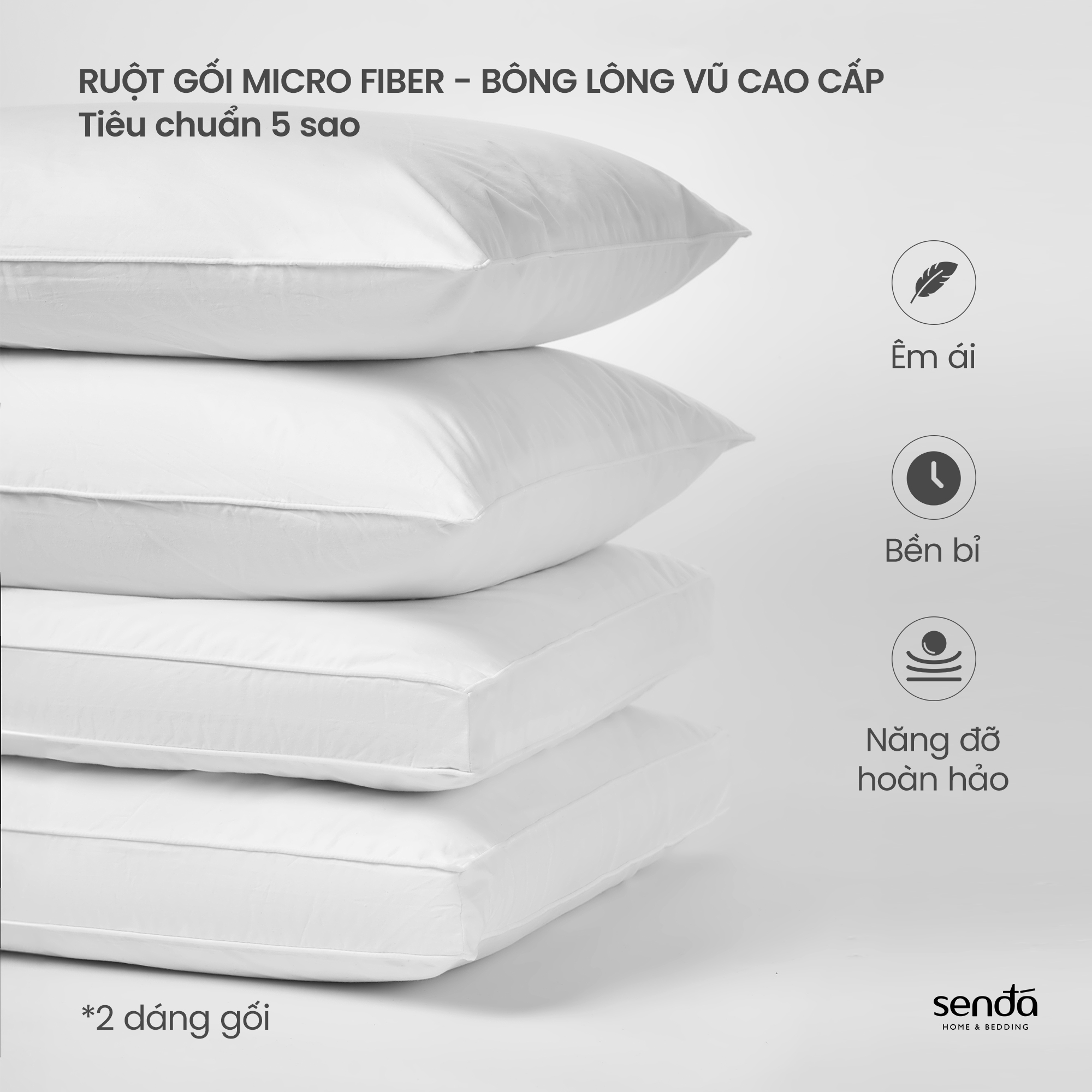 Ruột gối nằm 50x70 45x65 35x50 cm, lõi gối hơi cao cấp bông lông vũ nhân tạo microfiber - Sen Đá Home Bedding