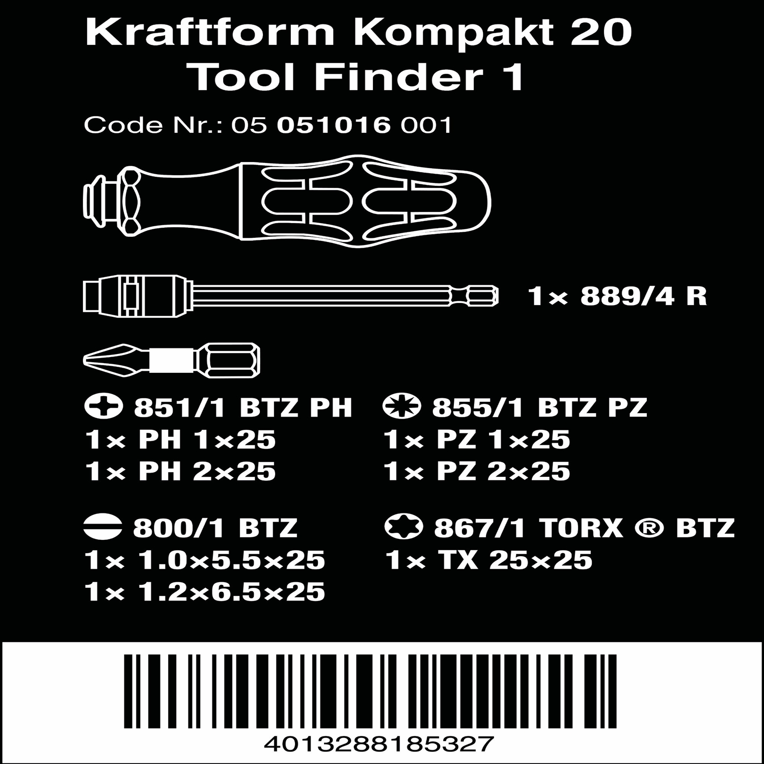 Bộ dụng cụ vặn vít đa năng Kraftform Kompakt 20 Tool Finder 1 with pouch với vít mã hóa màu sắc vít 4 cạnh, dẹp và hoa thị Wera 05051016001