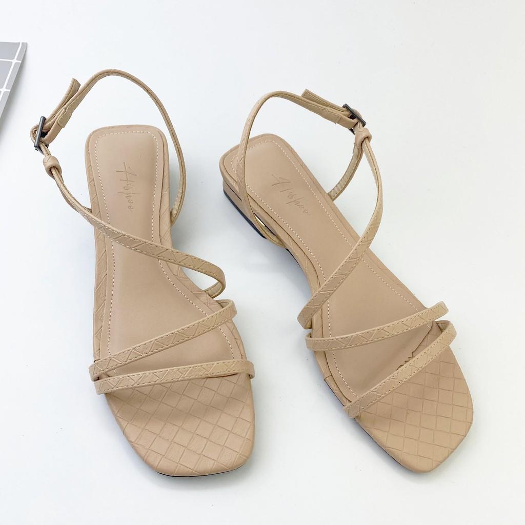 Sandal cao gót nữ 1,5 phân quai mảnh mũi vuông họa tiết caro 1 cm cao cấp HISHOO màu xanh mint S010