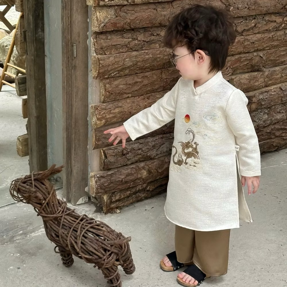 Set Quần Áo Dài Cách Tân Họa Tiết Vân Long 1-8 Tuổi Dành Cho Bé Trai