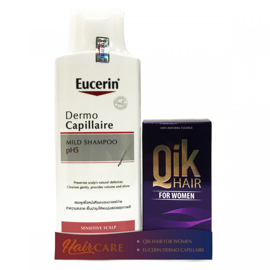 Set dầu gội Eucerin pH5 và thực phẩm chức năng viên mọc tóc nữ Qik Hair For Women