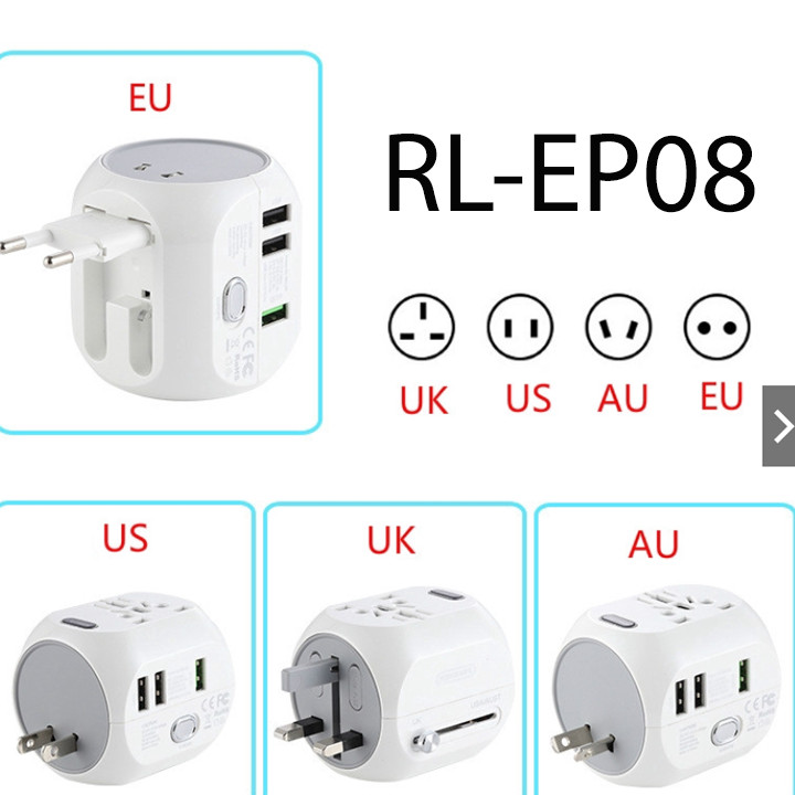 Sạc đa năng Remax RL-EP08 QC Multi-Function International USB2.0 + QC3.0 tương thích chuẩn UK/US/AU/EU - Hàng nhập khẩu