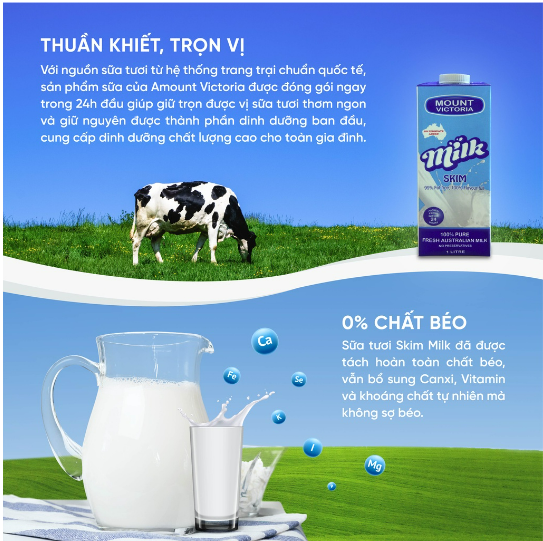 Sữa Tươi Tiệt Trùng Tách Béo Mount Victoria Nhập Khẩu Chính Hãng Úc, Bổ Sung Canxi, Hộp 1 Lít