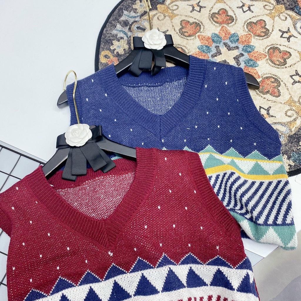 Áo gile len thổ cẩm cổ tim vintage