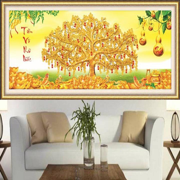 Tranh thêu cây tiền phát tài thịnh vượng 53530 - kích thước: 122 * 55cm.
