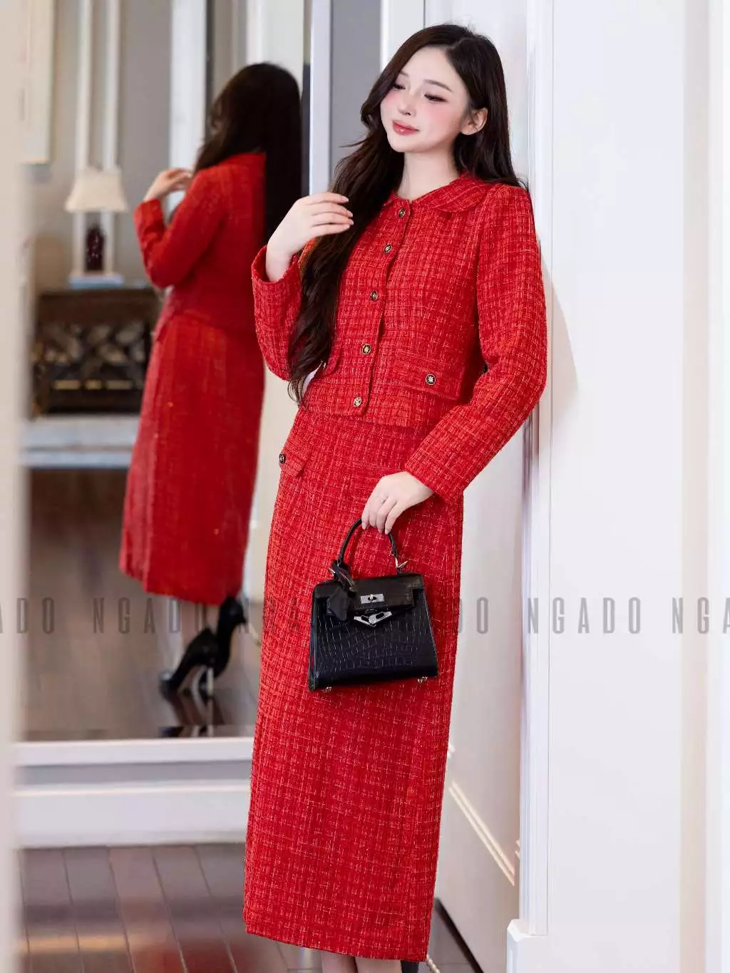 Set áo váy tweed đỏ NGADO , set áo kèm chân váy dáng dài