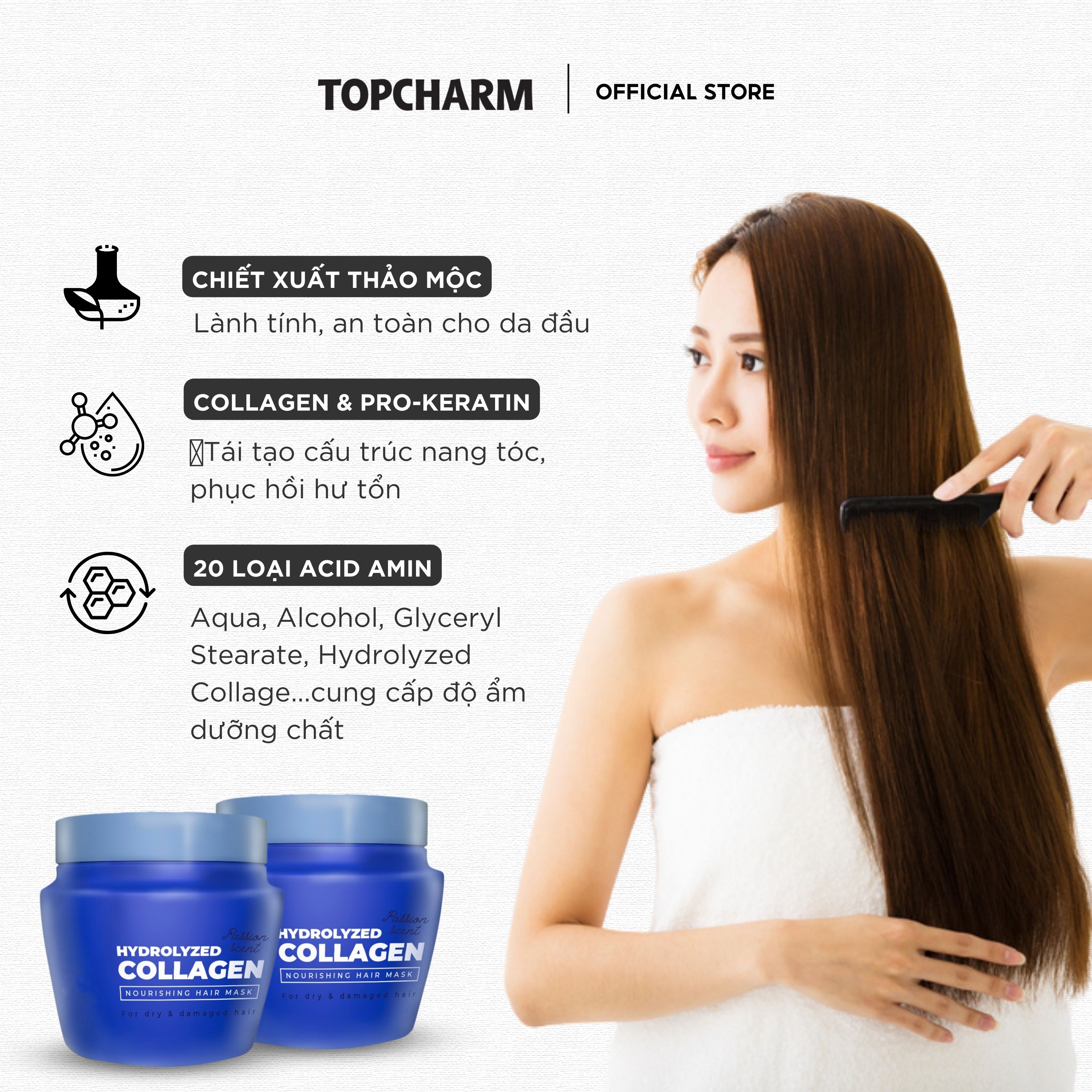 Kem Ủ Tóc Hydrolyzed Collagen TOPCHARM Giảm Gãy Rụng, Suôn Mượt Tóc Hũ 1000ml