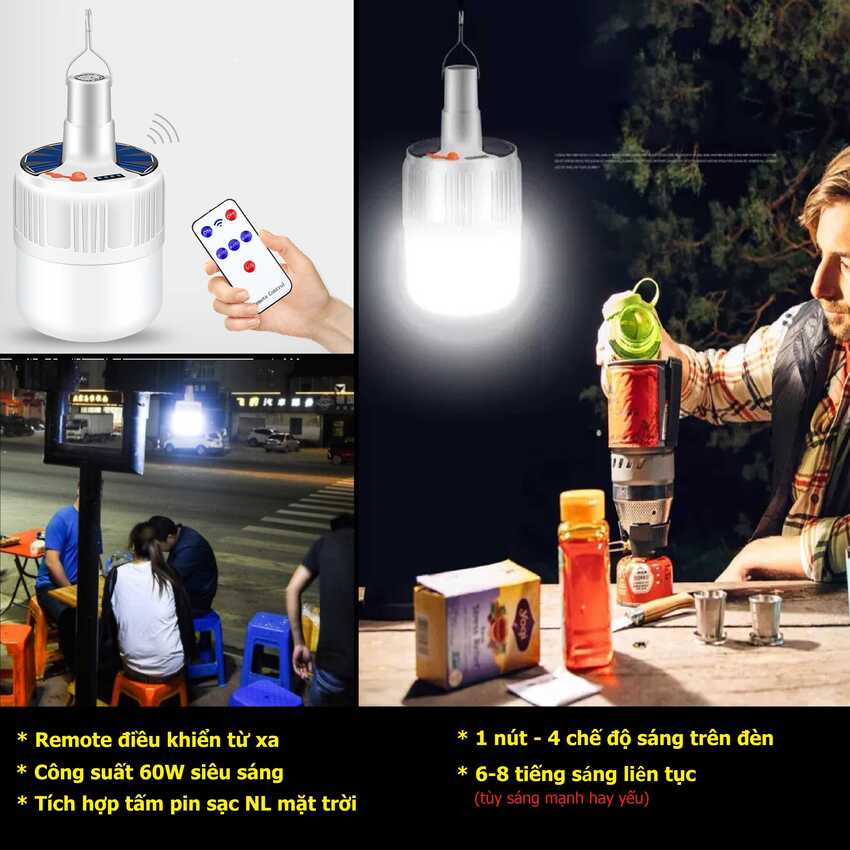 Đèn Led Tích điện Sạc Điện nguồn, Công Suất 60W ánh sáng trắng - có Remote điều khiển và tấm pin năng lượng mặt trời / thích hợp đi vườn, cắm trại, picnic , khi nhà cúp điện