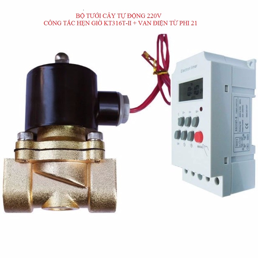 Bộ hẹn giờ tưới cây tự động van điện từ phi 21 Tặng công tắc hẹn giờ kg316t