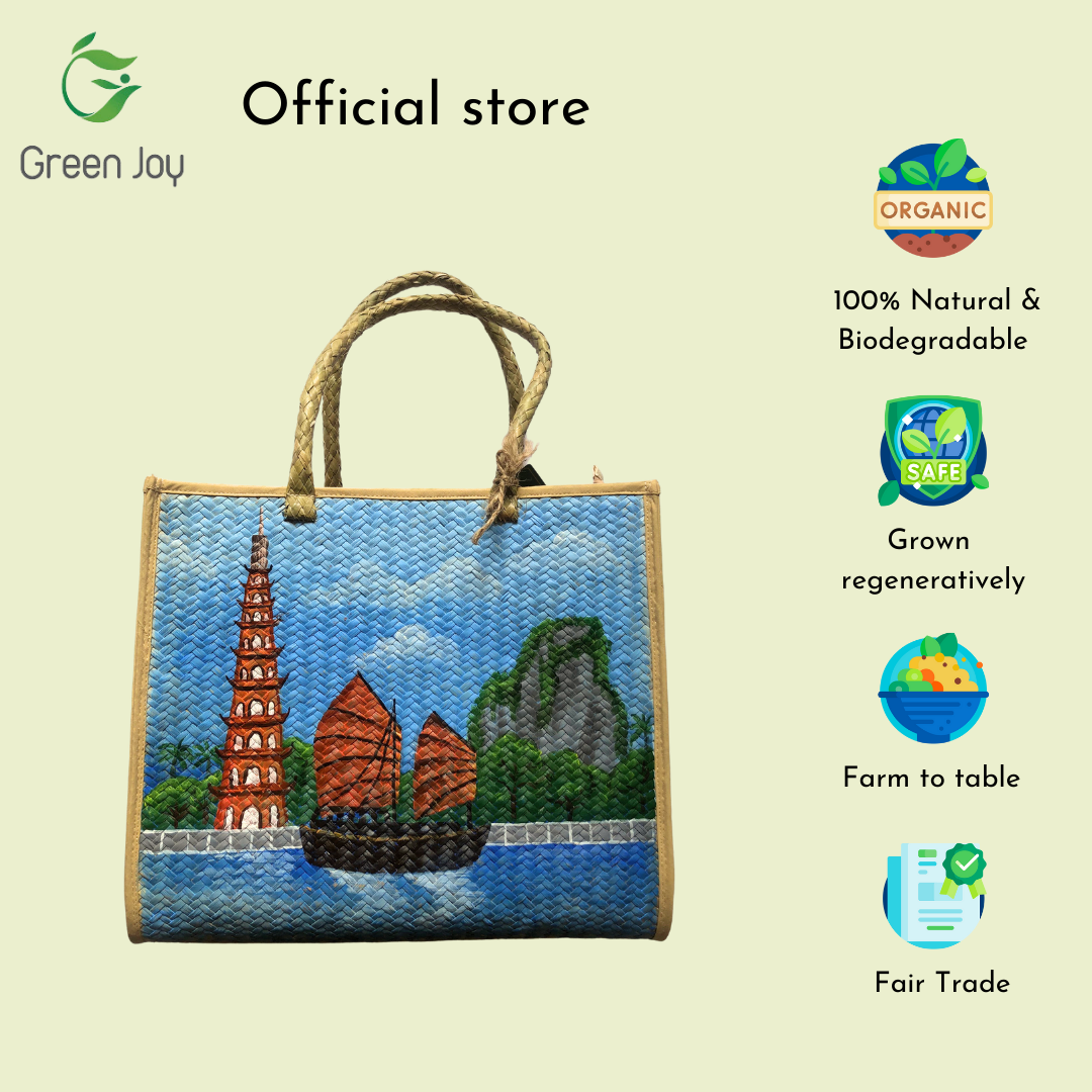 Giỏ xách vuông cỏ bàng vẽ Green Joy