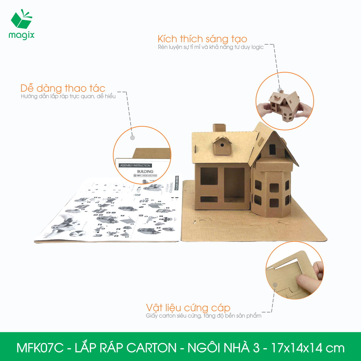 MFK07C - 17x14x14 cm - Mô hình ngôi nhà lắp ráp từ bìa carton cao cấp, nhà giấy carton mini sáng tạo