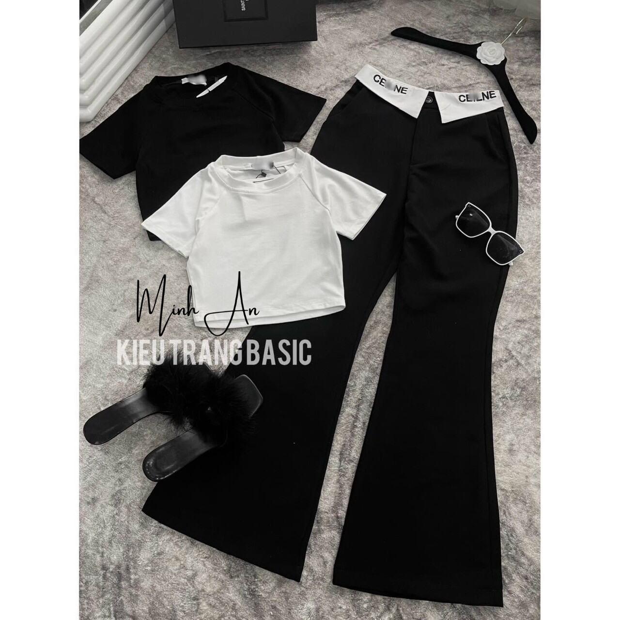 Sét đồ nữ áo croptop mix với quần ống loe cạp cao
