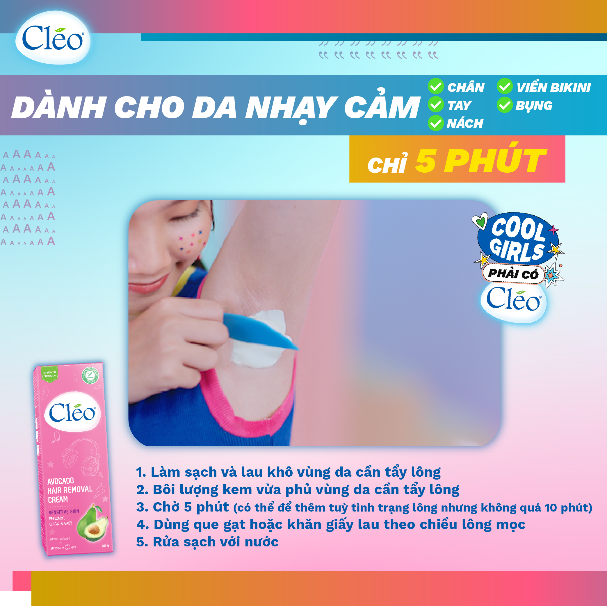 Combo tẩy lông nách Cléo cho da nhạy cảm an toàn không đau 50g và kem giảm thâm nách Cléo chiết xuất lá lộc đề 35g
