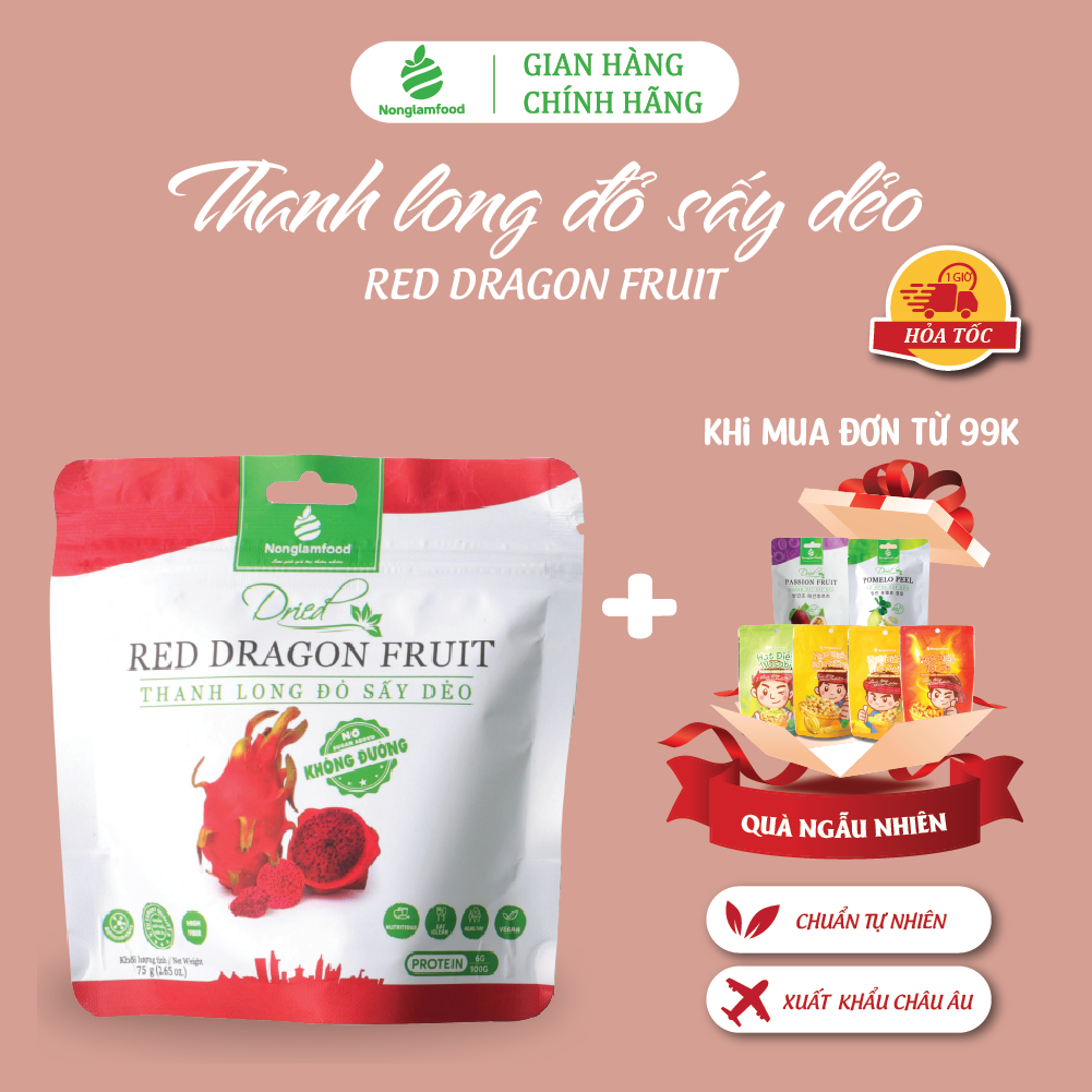 Thanh Long đỏ KHÔNG ĐƯỜNG sấy dẻo Nonglamfood túi 75g | Ăn vặt tốt cho sức khỏe | Healthy Snack | Ăn vặt văn phòng