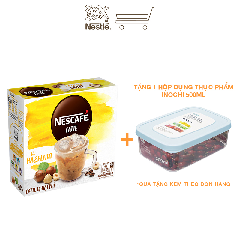 Cà phê hòa tan Nescafé Latte sữa hạt vị hạt phỉ (Hộp 10 gói x 24g) - [Tặng 1 hộp đựng thực phẩm Inochi 500ml]