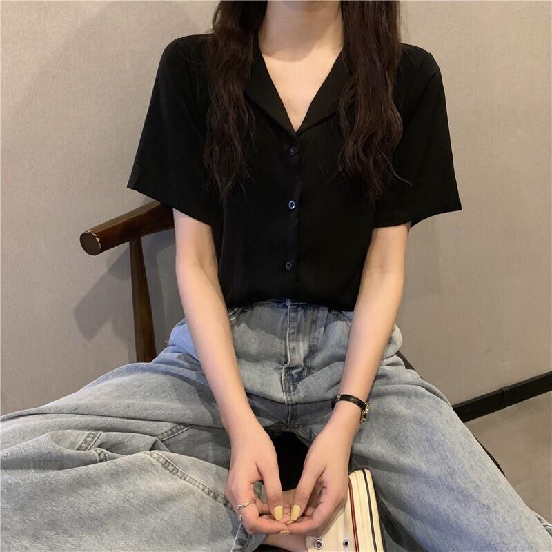 Áo Sơ Mi Tay Ngắn Cổ Vest Trơn Nam Nữ Unisex