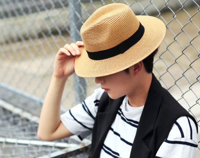 Mũ phớt cói rộng vành cho nam chống nắng chống uv phong cách Hàn, nón phớt nam thời trang màu vàng hung