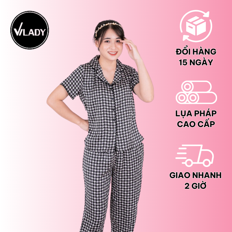 Bộ đồ Pyjama nữ, đồ mặc nhà lụa VILADY - B142 kiểu Quần dài tay cộc họa tiết Ziczac chất liệu lụa Pháp - Màu đen