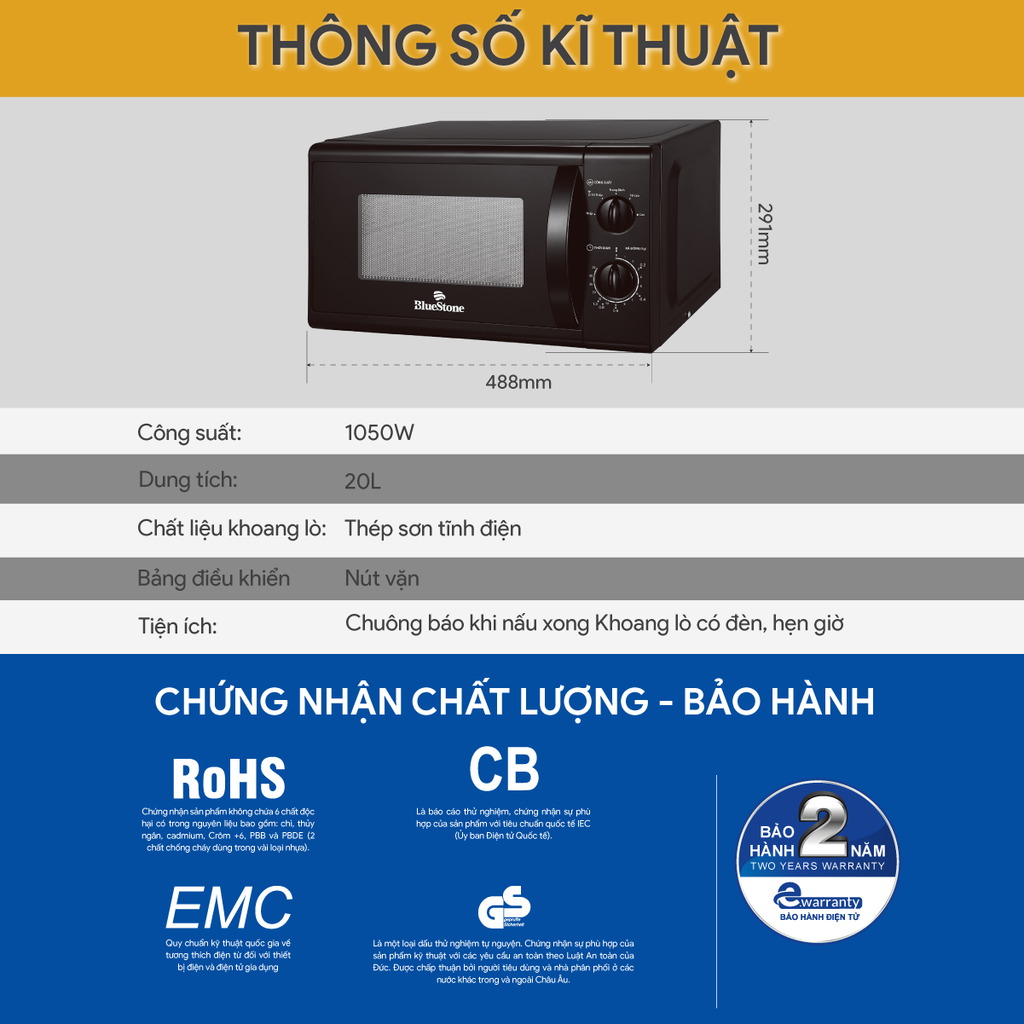 Lò Vi Sóng BlueStone MOB-7708B 20 Lít 1050W - Hàng Chính Hãng
