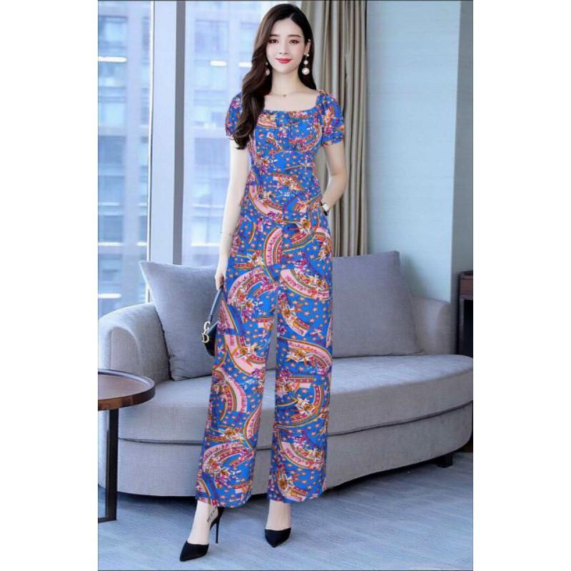 Set nguyên bộ áo rời quần dài ống suông họa tiết xinh xắn