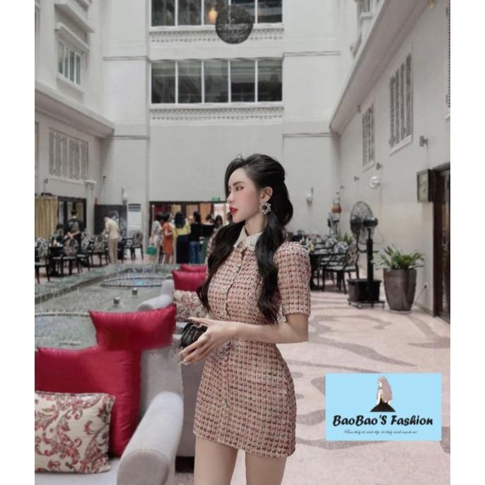 Đầm dạ 3 màu phối cổ ren cúc ngọc thanh lịch