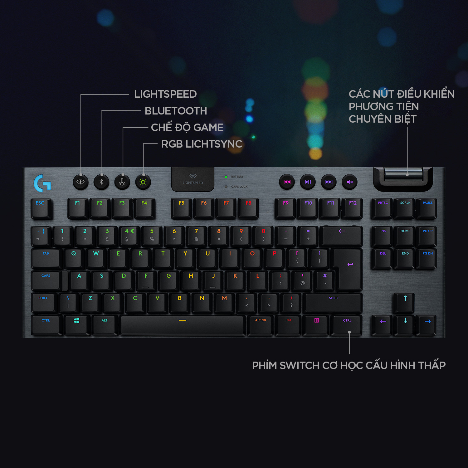 Bàn phím game cơ học không dây Lightspeed Logitech G913 TKL - Không phím số, 3 loại switch cấu hình thấp, Bluetooth/USB, RGB Lightsync - Hàng chính hãng