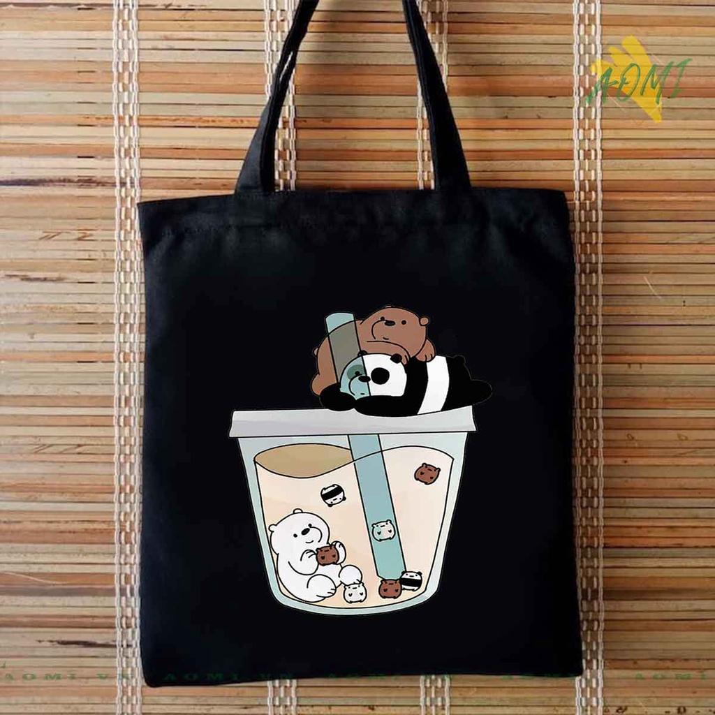TOTE CANVAS GẤU WE ARE BEARS TÚI VẢI ĐEO VAI BAG KHÓA KÉO SIZE LỚN 33x38cm AOMIVN MÀU ĐEN TRẮNG