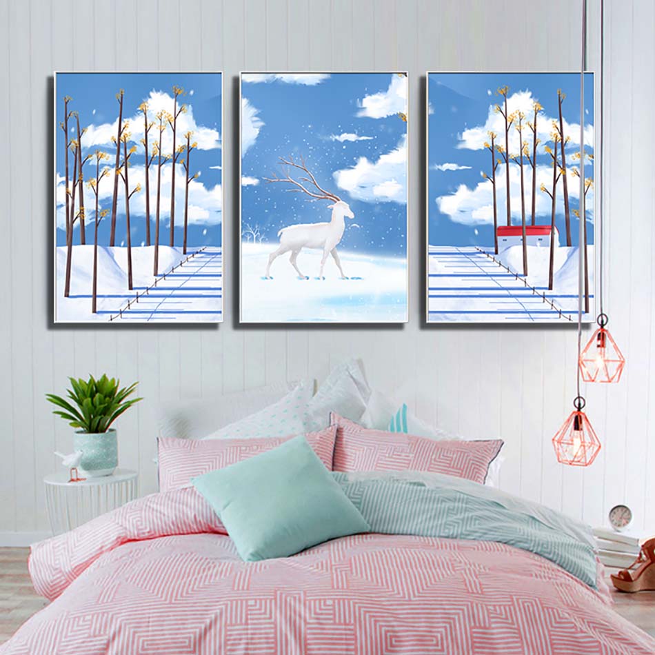 Bộ 3 tranh canvas trang trí phòng trẻ em Hươu giữa rừng tuyết - TTE018