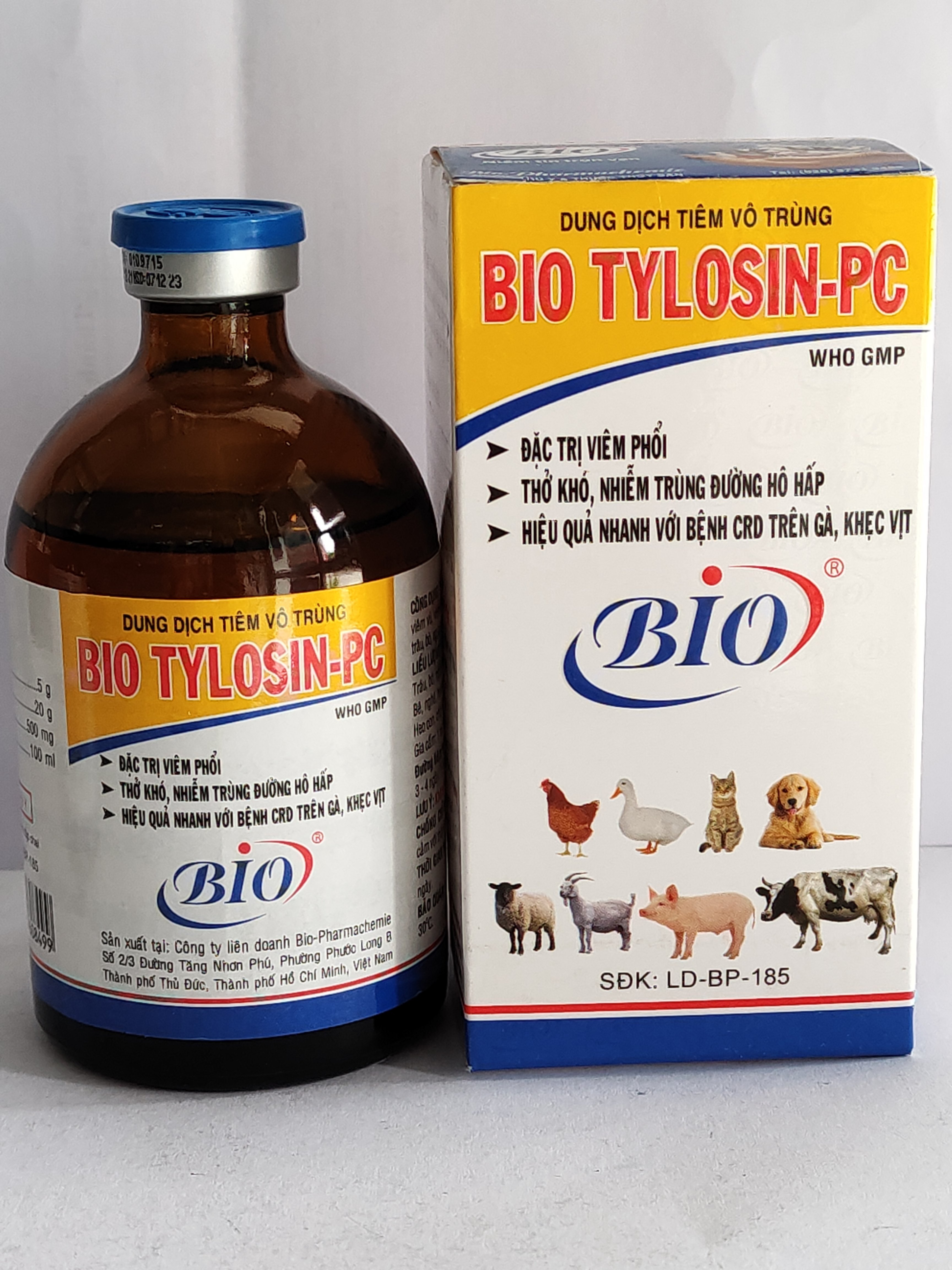 BIO TYLOSIN PC 100ml Dung dịch tiêm vô trùng chuyên viêm phổi, thở khó, nhiễm trùng đường hô hấp, CRD trên gà, khẹc vịt