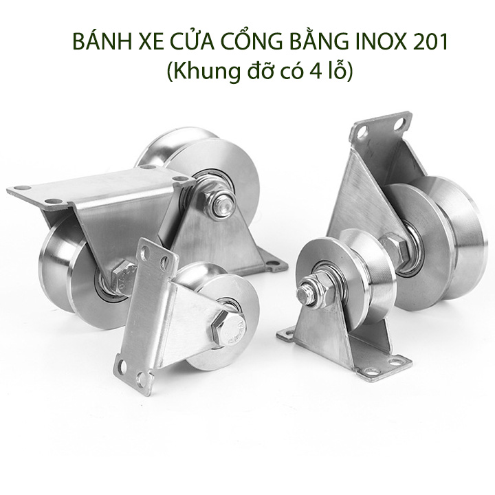 Bộ bánh xe inox 201 cho cửa cổng trượt, lùa, loại 16x48mm (Khung có 4 lỗ)