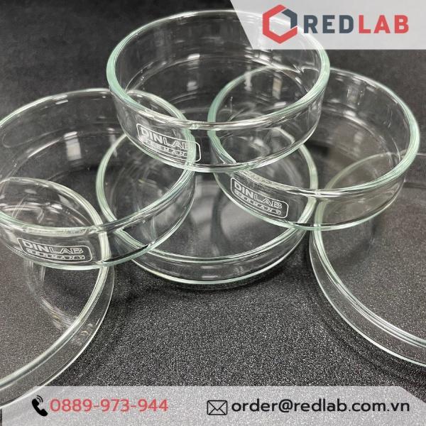 Đĩa petri thủy tinh nhiều kích thước DinLAB, bao gồm nắp 60x15mm, 80x15mm, 90x15mm, 100x15mm, 100x20mm, 120x20mm, 150x25mm