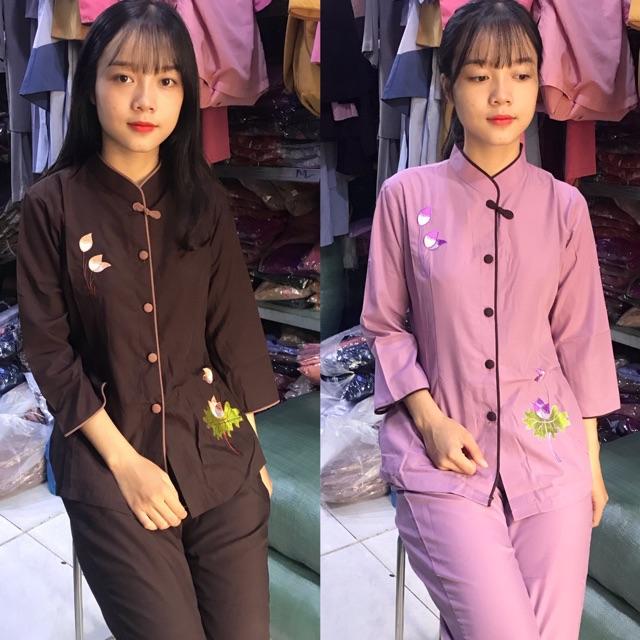 Thời trang nữ, áo lam, đồ đi chùa cổ tàu thêu sen