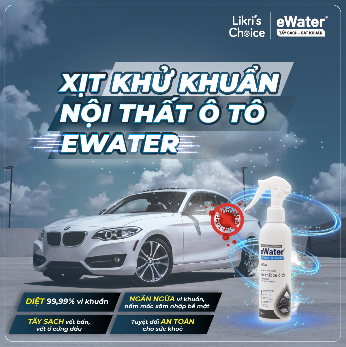 Chai xịt khử khuẩn nội thất ô tô eWater 200ml - Công nghệ ion điện giải hàng đầu Nhật Bản (Nhãn mới)