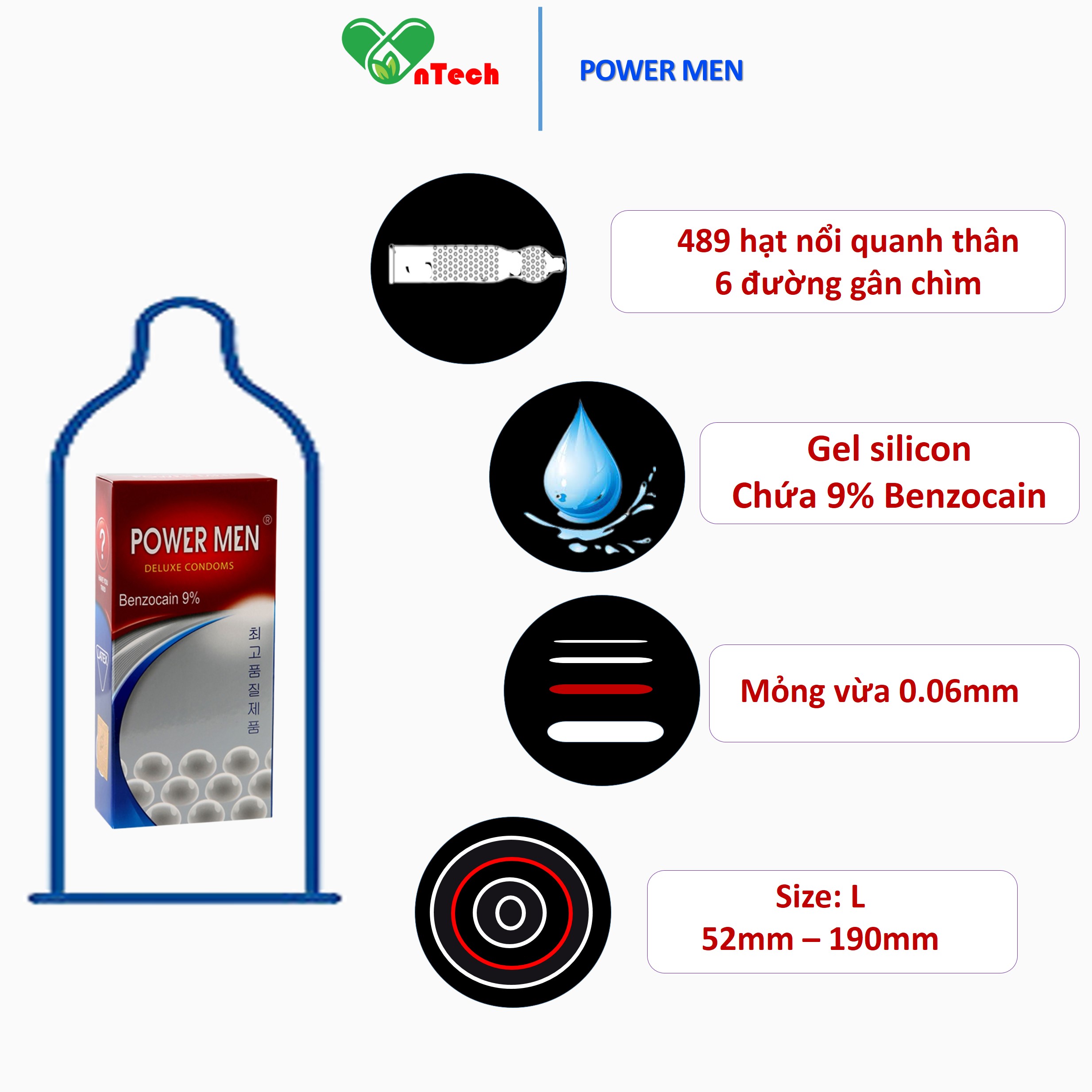 Bao cao su POWER MEN LONGER PLUS Ngọc Trai siêu mỏng gân gai nổi kéo dài thời gian 9% Benzocain chống xuất tinh sớm hộp 12 chiếc