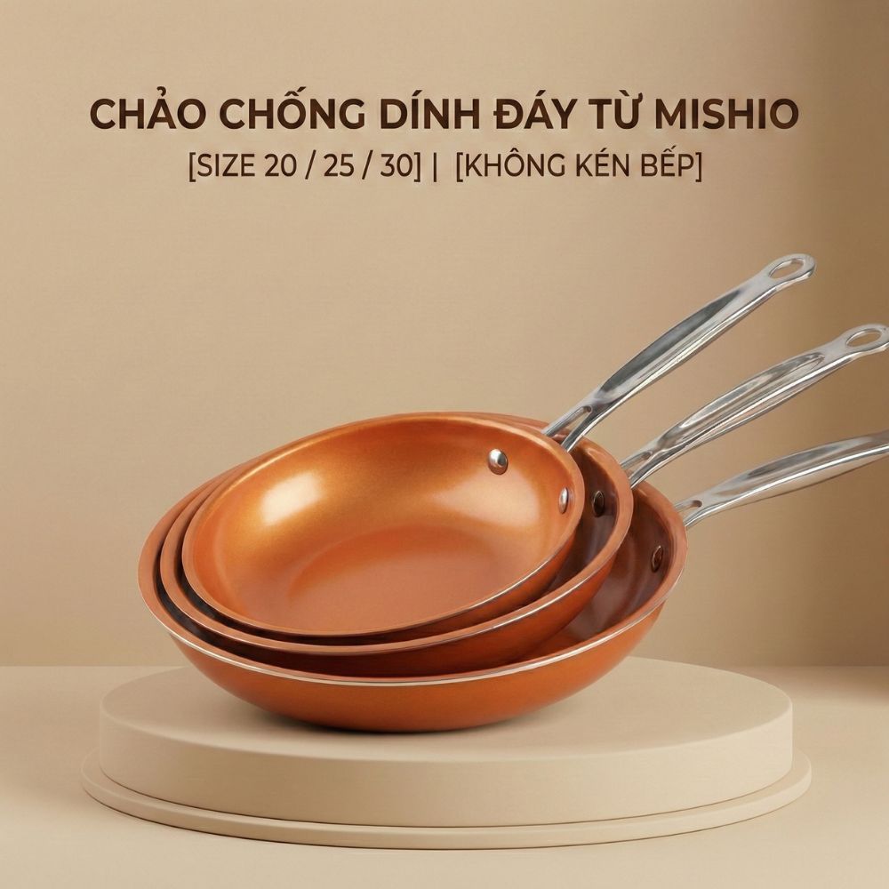 Chảo Chống Dính Đáy Từ Mishio (Size 20, 25, 30cm) MK430 MK431 MK432 - Chống Dính Gốm Cao Cấp, An Toàn Sức Khỏe, Dùng Cho Mọi Loại Bếp - hàng chính hãng