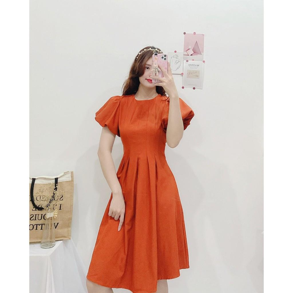 ĐẦM COTTON DỰ TIỆC CAM CỔ TRÒN TAY NGẮN PHỒNG DÁNG MAXI XÒE-hình thật shop chụp