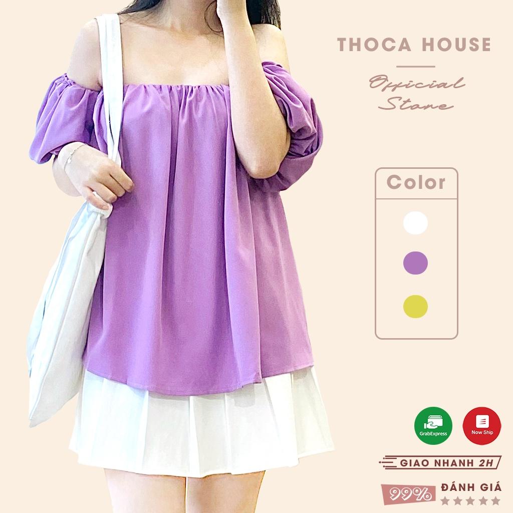 Áo kiểu nữ trễ vai tay phồng trơn trắng, tím, xanh cốm THOCA HOUSE gợi cảm, mặc đi chơi, đi du lịch
