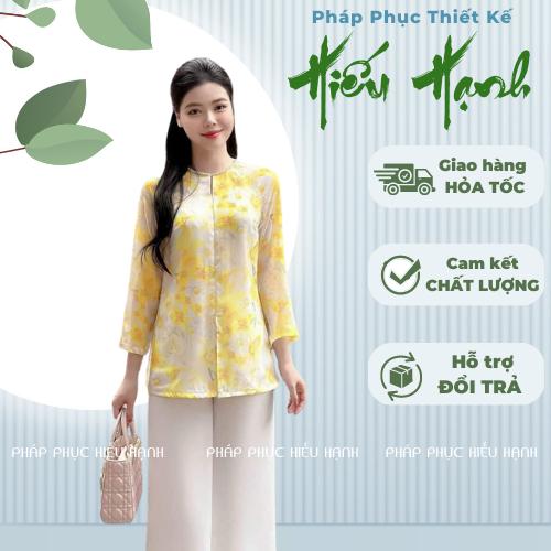 Set bộ đi chùa, bộ mặc đi lễ chùa chất tơ in hoa vàng phối quần lụa mịn mềm