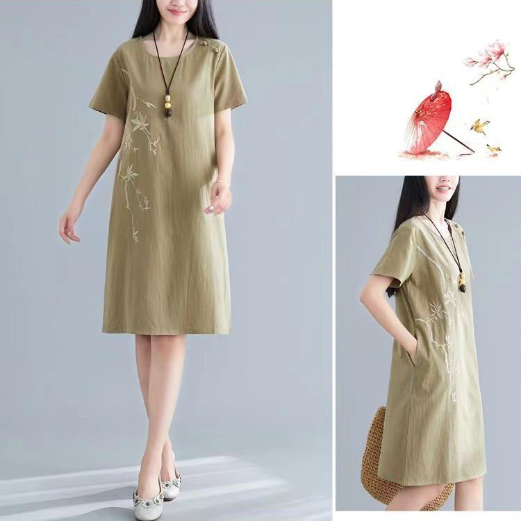 Đầm Linen suông nữ cổ tròn ngắn tay, Váy trung niên nữ dáng dài hoạ tiết hoa xinh trẻ trung cho nữ Đũi Việt