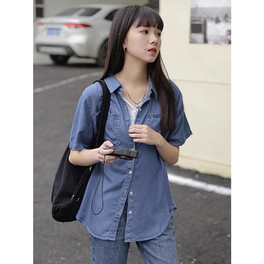 MS683 Áo sơ mi jeans nữ cộc tay hai túi, áo bò túi ngực