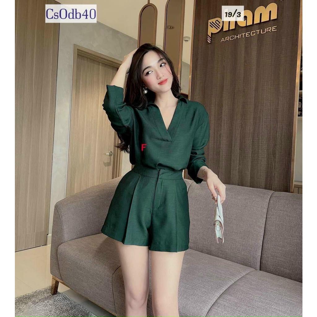 Sét bộ thời trang nữ áo sơ mi cổ V tay dài phối quần đùi đa dạng màu sắc .