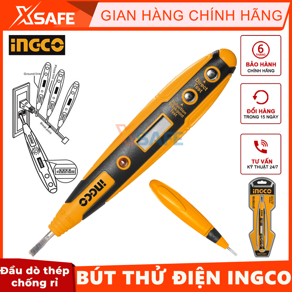 Bút thử điện kỹ thuật số đa năng thông minh INGCO HSDT2201 Đầu dò điện áp cảm ứng không tiếp xúc dòng điện - chính hãng