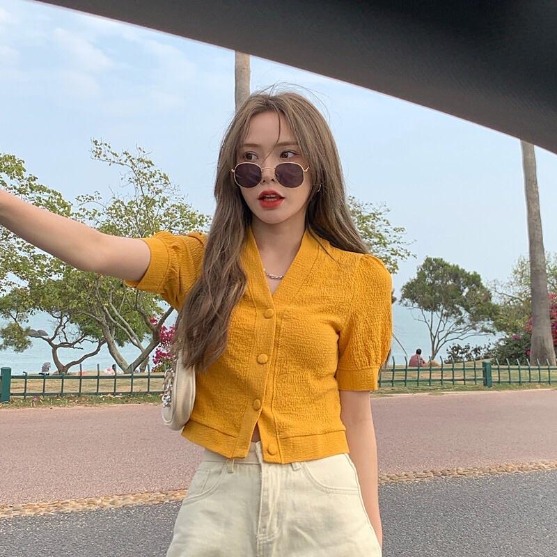 Áo sơ mi cổ v croptop