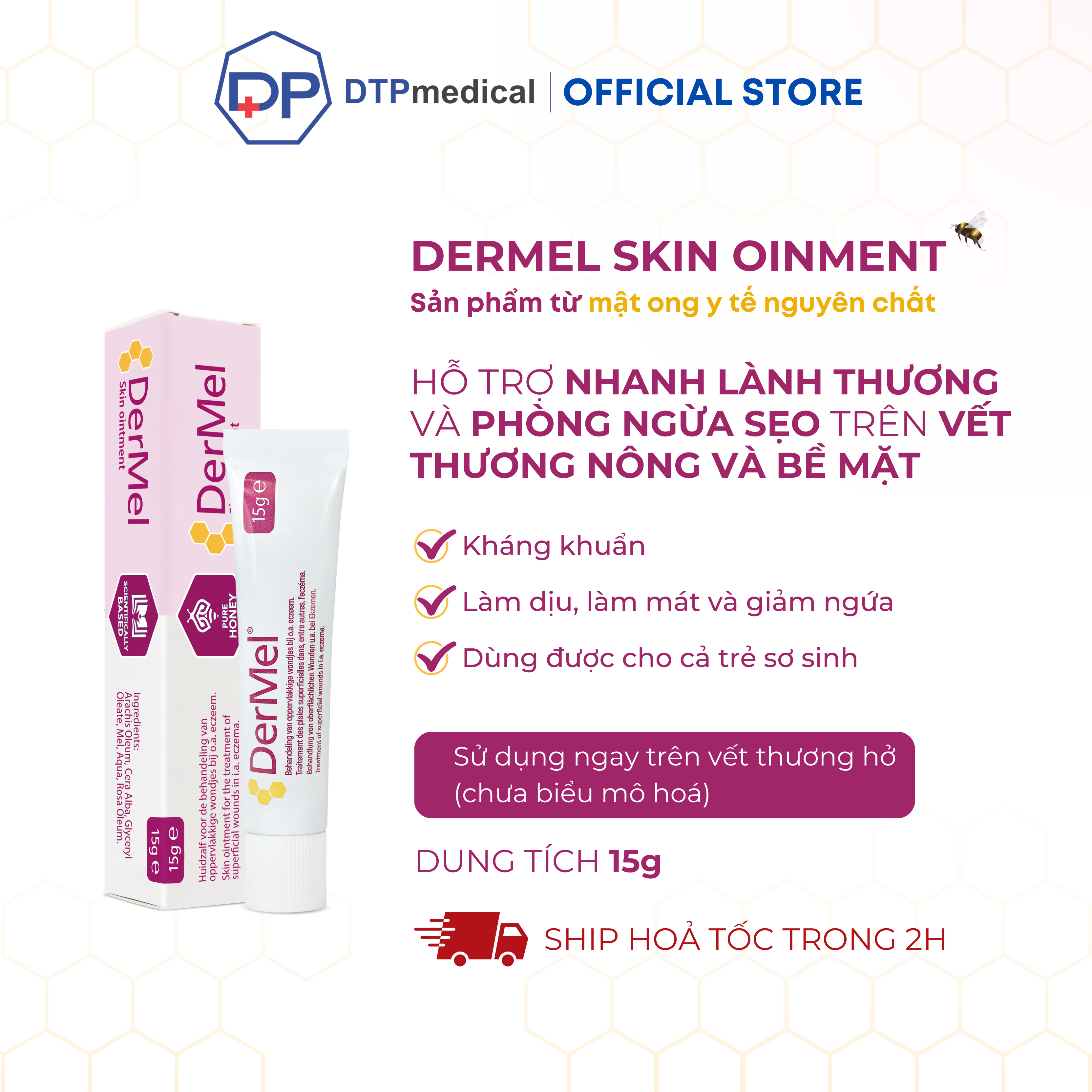 DerMel Skin Ointment hỗ trợ nhanh lành vết thương, phòng ngừa sẹo trên vết thương nông và bề mặt, kháng khuẩn giảm ngứa