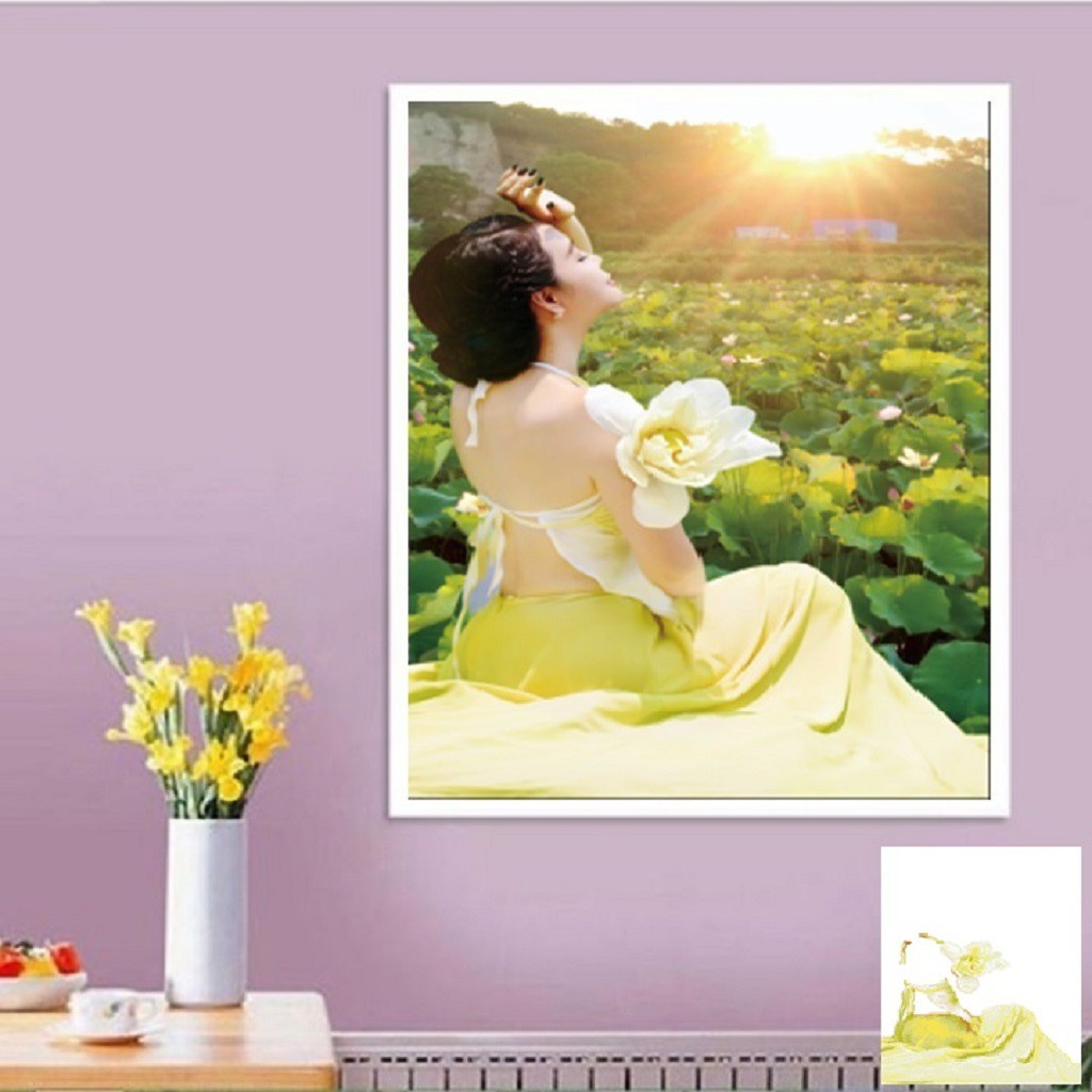 Tranh đính đá cô gái bên hồ sen LV363 - 50 x 75 cm - chưa đính